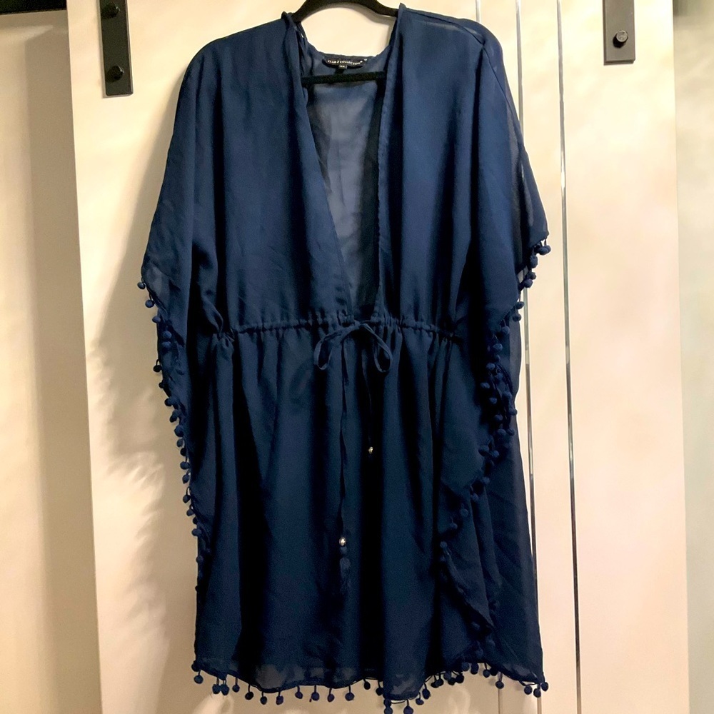 Club Collection 2X Plus Size Navy Tunic Swim Coverup with Pompom Trim